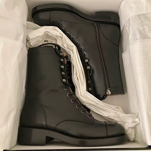 Chanel Black Calfskin Leather CC Combat Lace Up Tie Tall Boots 39.5